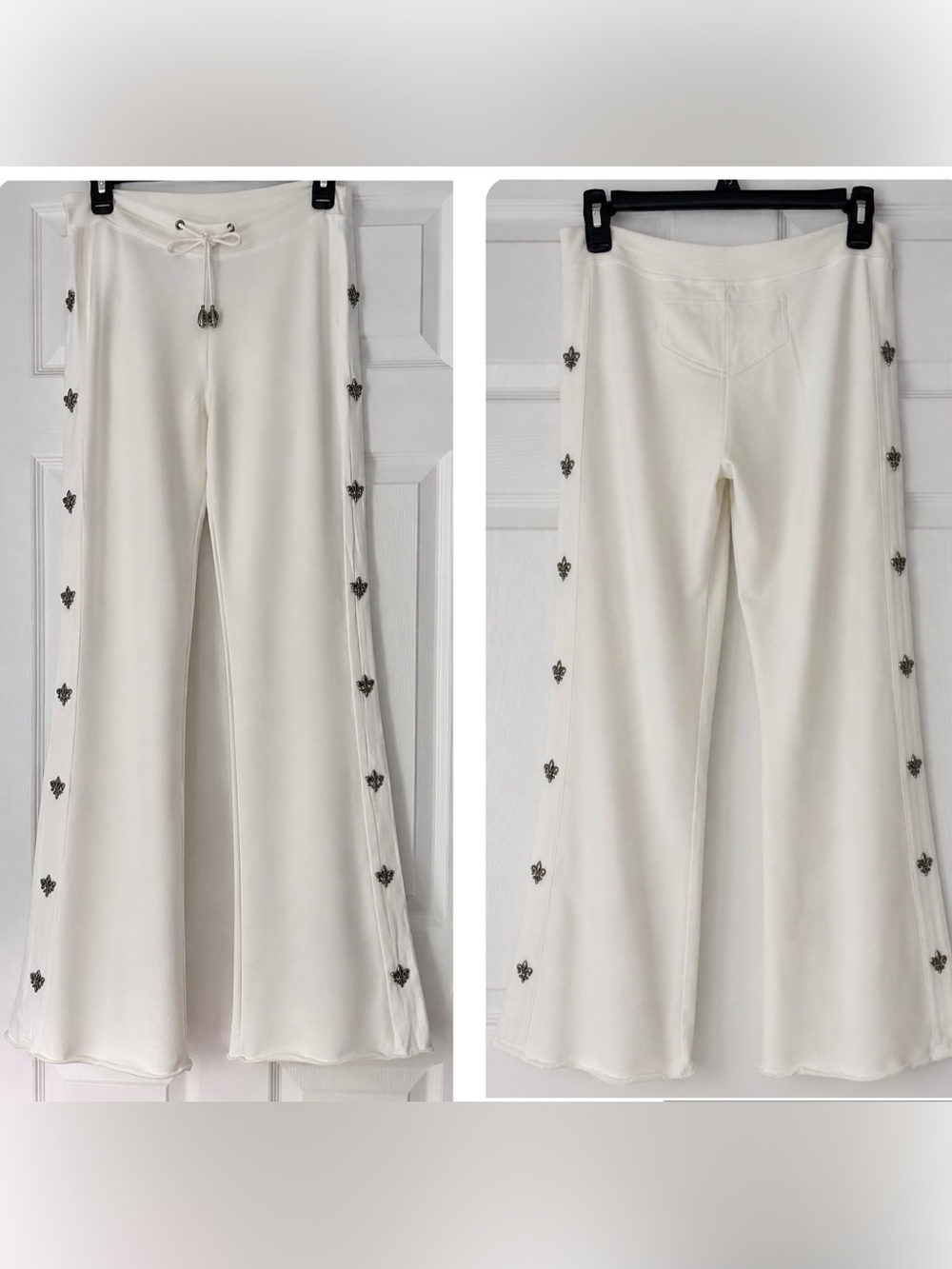 White Wide-Leg Fleur-de-lis embellished lounge pants - Picture 3 of 6